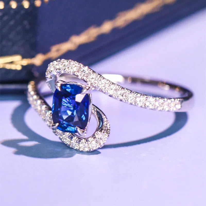 Huitan Elegant Oval Blue Cubic Zirconia Rings for Women Full Paved Dazzling-losil