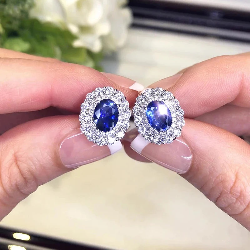 Huitan Oval Stud Earrings with Blue/White Cubic Zirconia Temperament Elegant Piercing Earrings-losil
