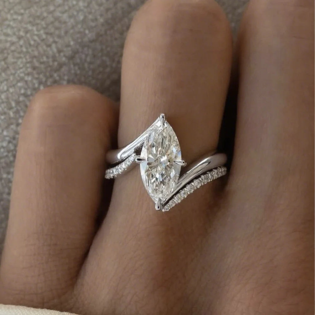 OEVAS 3CT Marquise Cut Moissanite Two Rings 100% S925 Silver Double row-losil