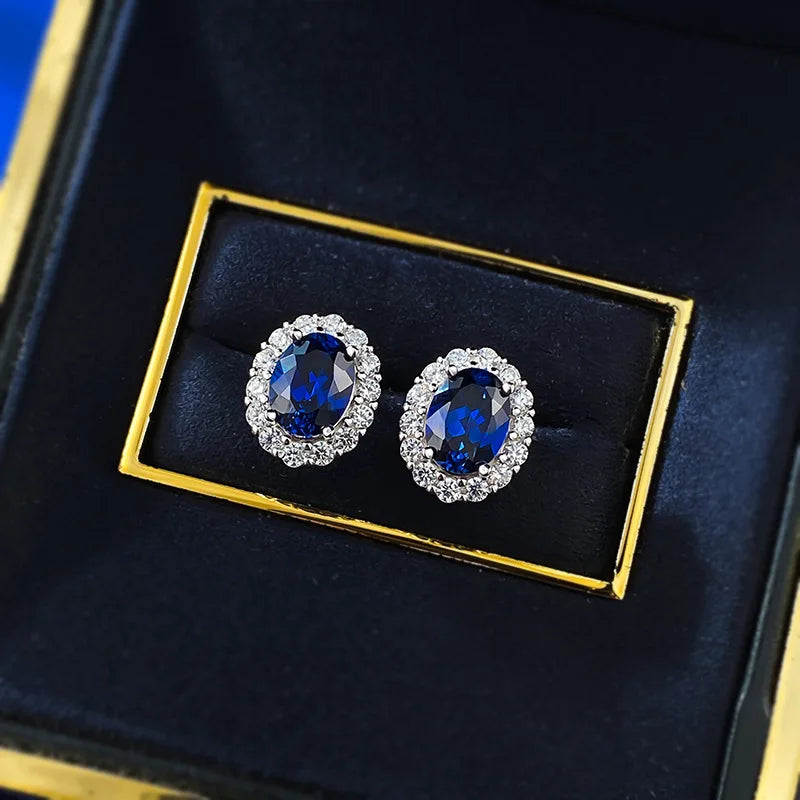 OEVAS Classic Oval 6*8mm Red/Blue Zircon Stud Earrings For Women 100% 925-losil