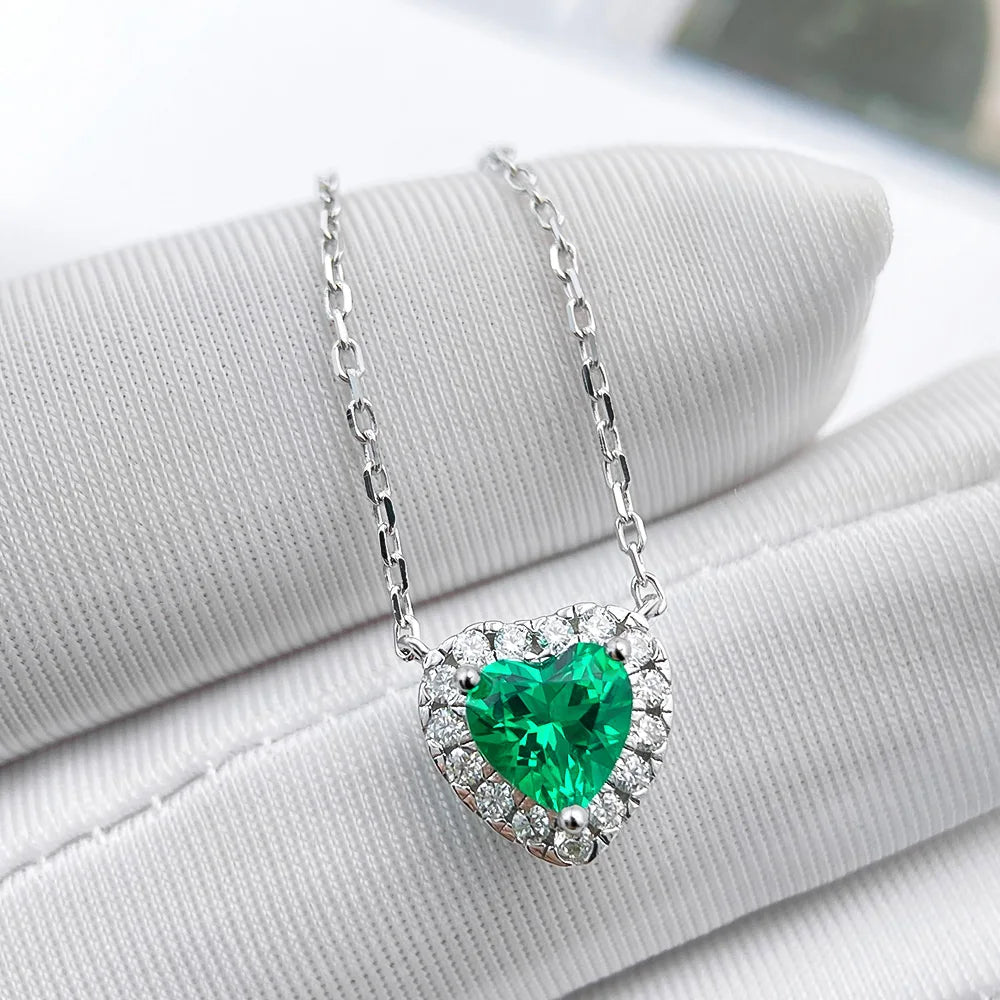 OEVAS 1CT 6.5mm Heart Cut Lab Grown Colombian Emerald Necklace for Women-losil