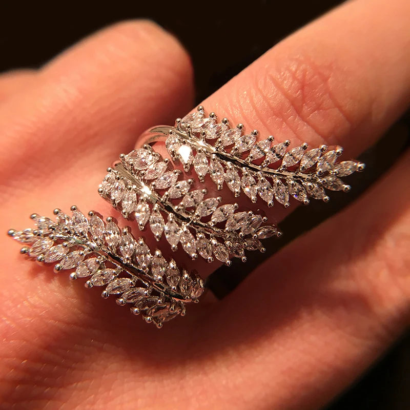 Huitan Bling Bling Female Rings Full with Marquise Cubic Zirconia Leaf Shaped-losil