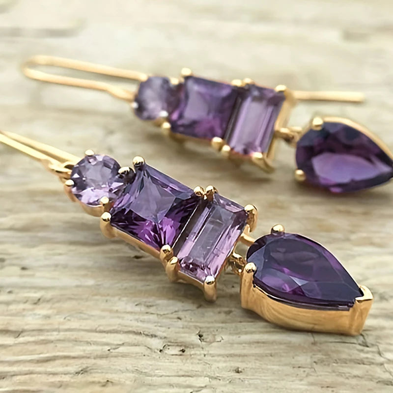 Huitan Charming Geometric Purple Cubic Zirconia Dangle Earrings for Women Exquisite Female-losil