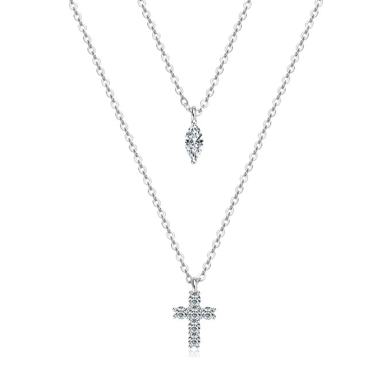 Anziw Moissanite Cross Pendant Double Layers Necklace for Women 925 Sterling Silver-losil