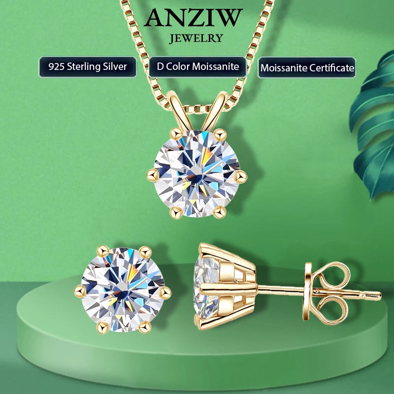 Anziw 18K Gold Plated Jewelry Set 3.0ctw D Color Round Moissanite Real-losil