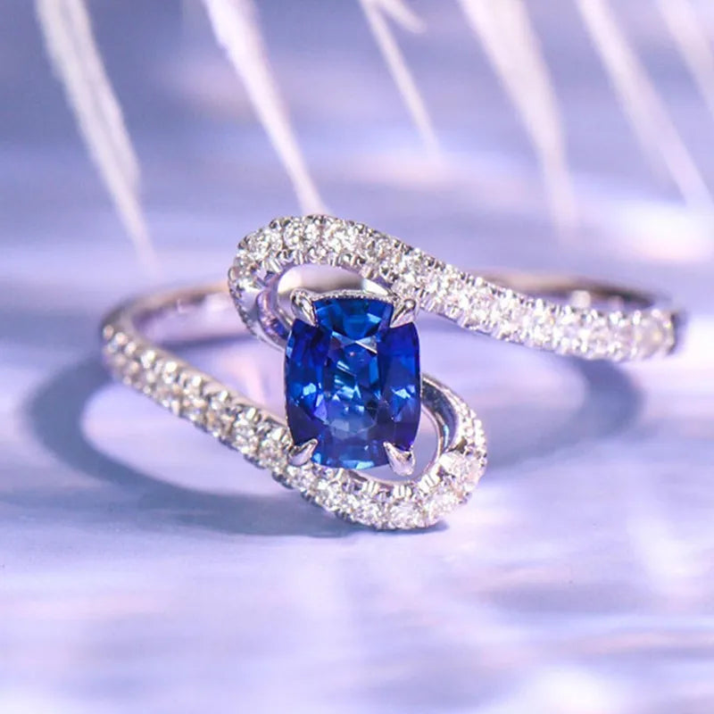 Huitan Elegant Oval Blue Cubic Zirconia Rings for Women Full Paved Dazzling-losil