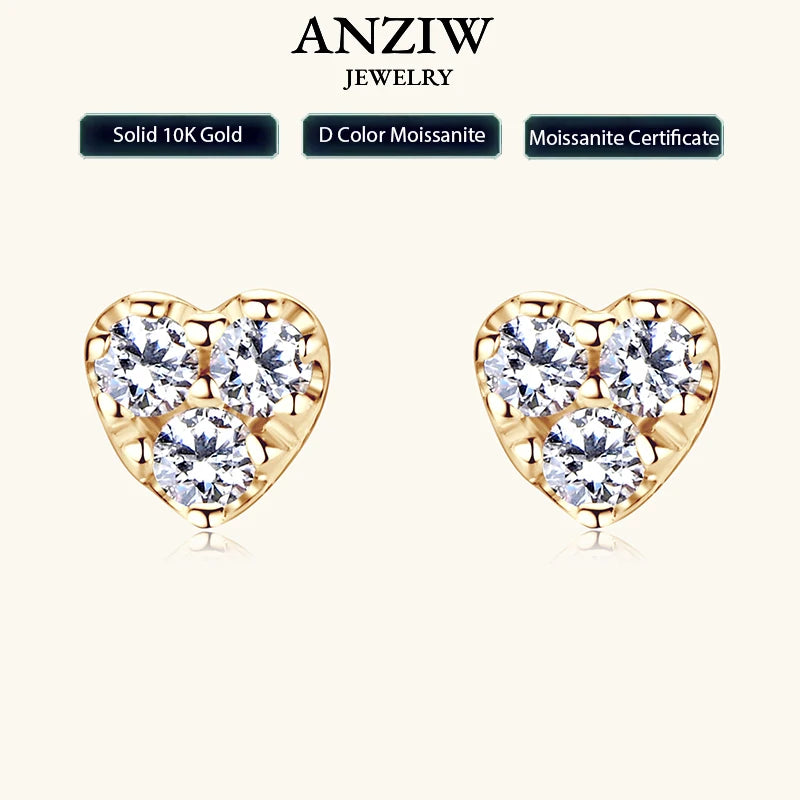 Solid 10K Yellow Gold Moissanite Earrings for Women Super Mini Heart Studs-losil