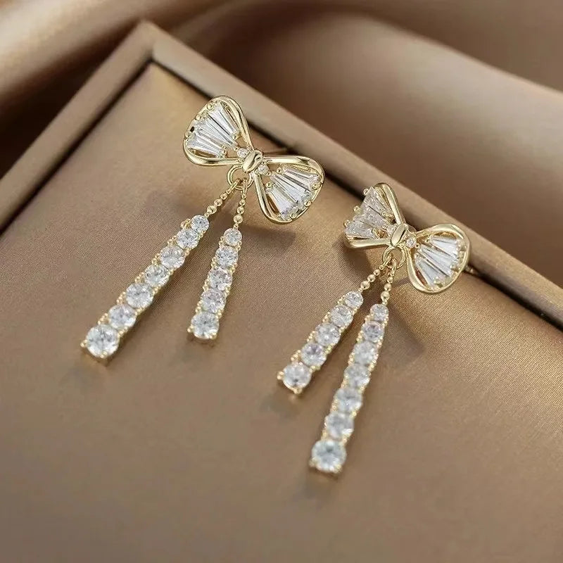Anziw Korean D Color Moissanite Drop Earrings Original Silver 925 Bow Tassel-losil