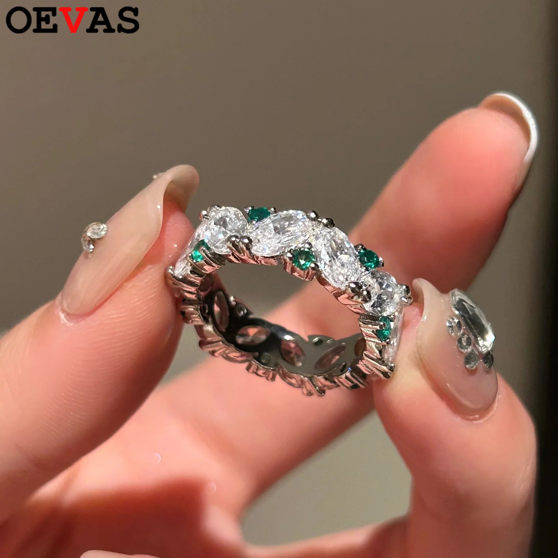 OEVAS Oval Sparkling White Green High Carbon Diamond Rings 100% 925 Sterling-losil