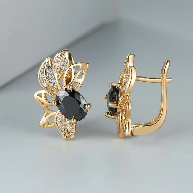 Huitan Oval Black Stone Flower Shaped Hoop Earrings for Women Luxury Wedding-losil