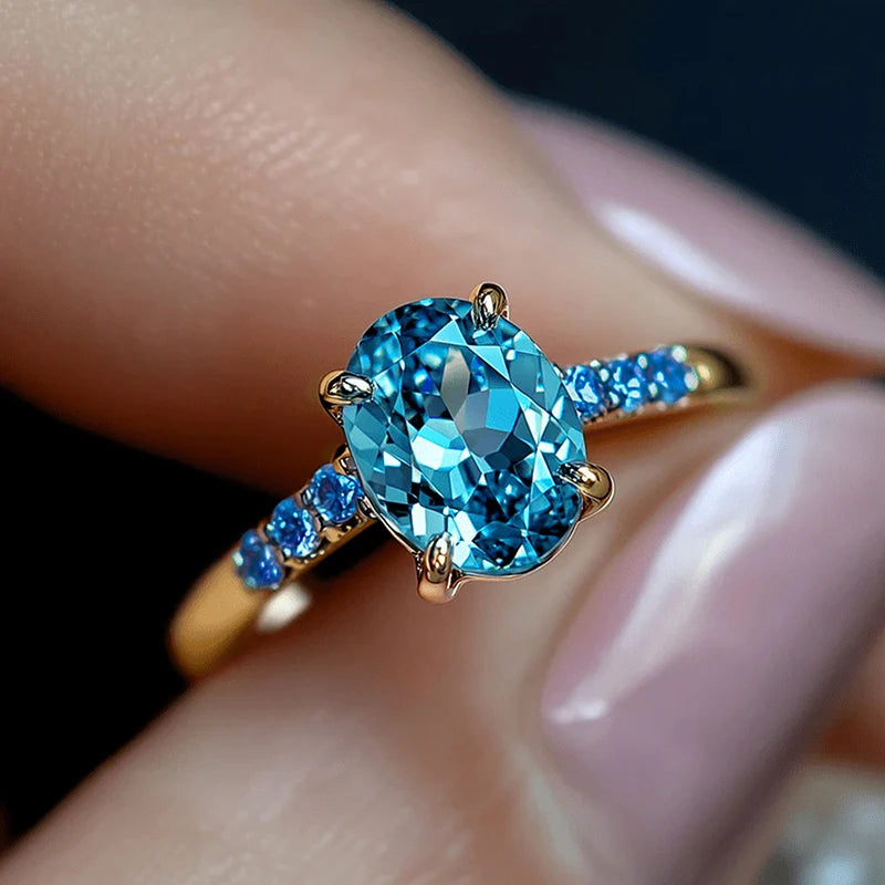 Huitan Bright Oval Sky Blue Cubic Zirconia Rings for Women Gold Color-losil