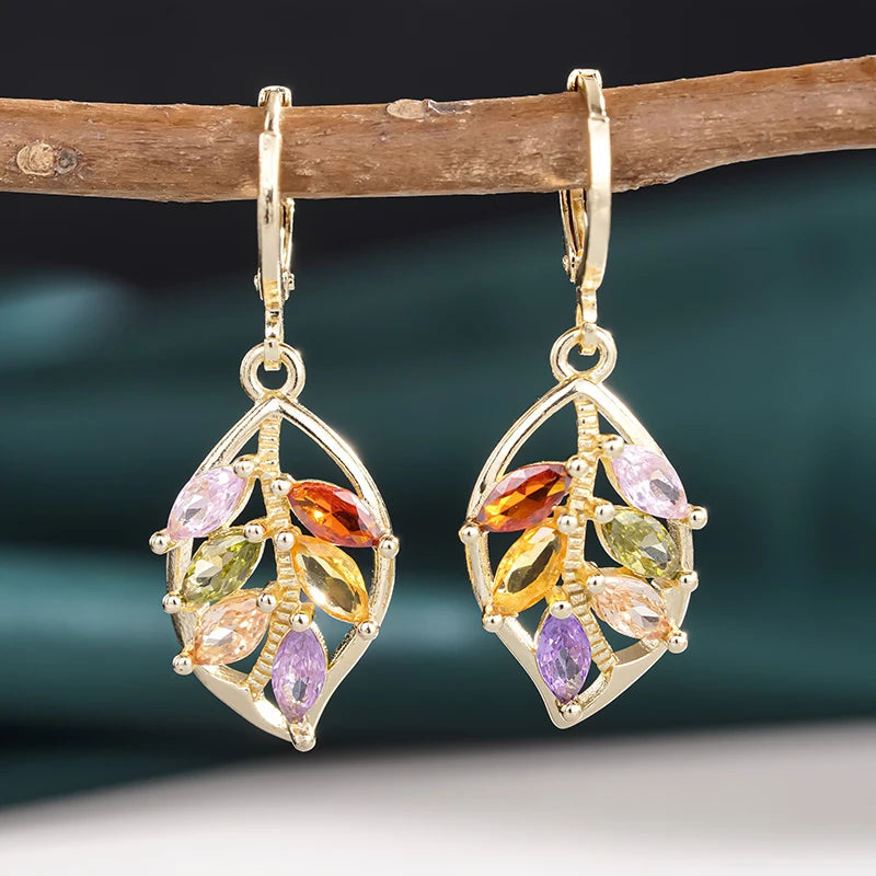 Huitan Brilliant Leaves Drop Earrings with Colorful CZ Graceful Charming Ear Accessories-losil