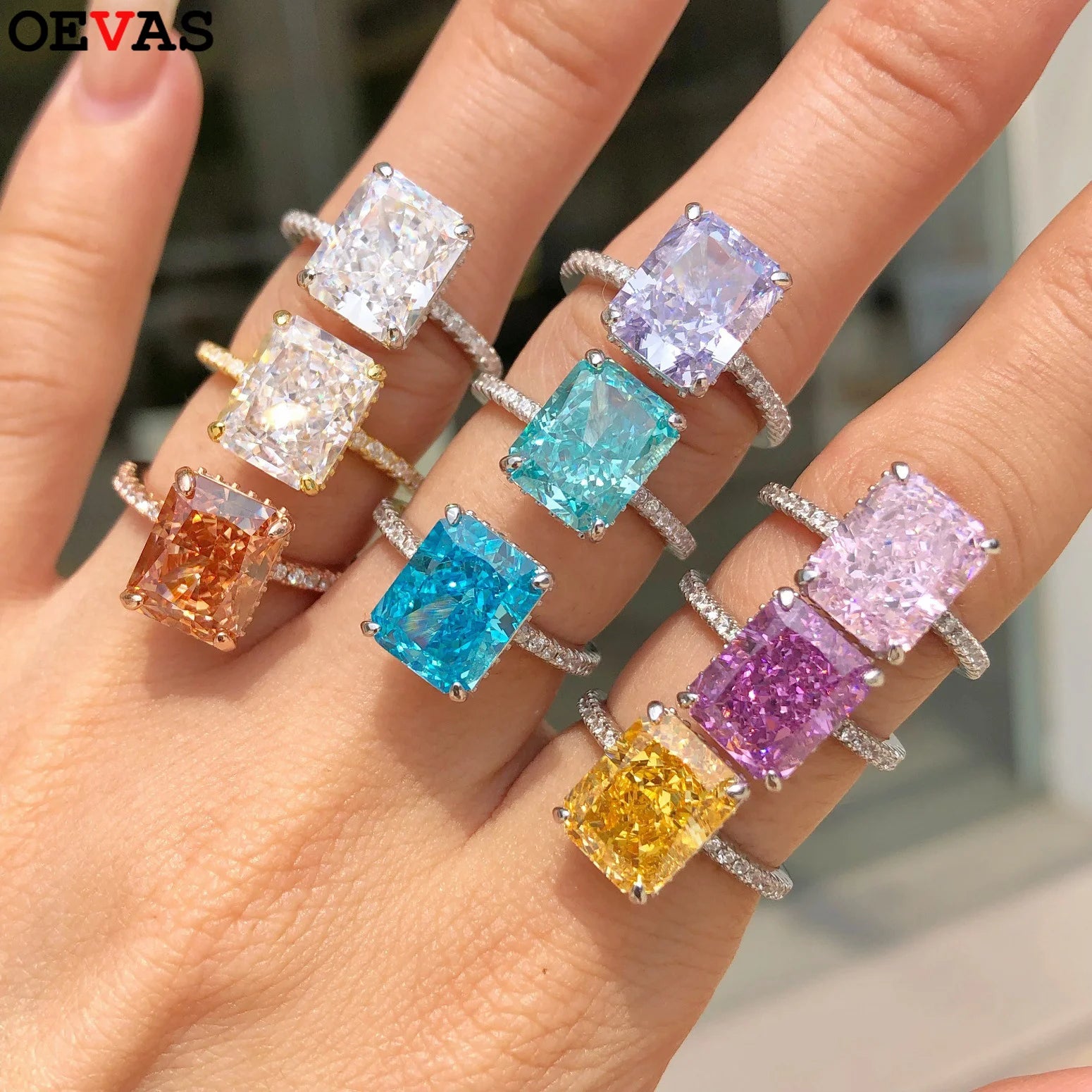 OEVAS 8*10mm Yellow Pink High Carbon Diamond Rings 100% 925 Sterling Silver-losil