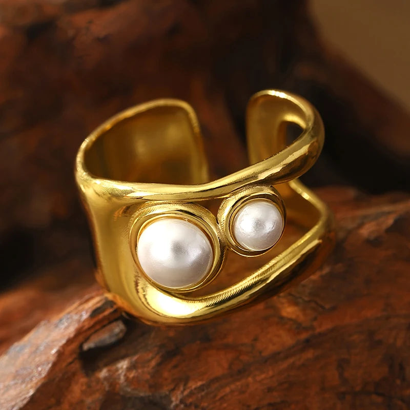 Huitan Trendy Metal Gold Color Double Layer Imitation Pearl Rings for Women-losil