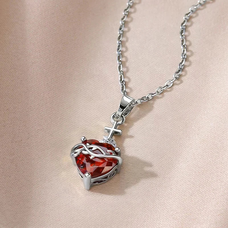 Huitan Orange Red/Green/Blue Heart Cubic Zirconia Pendant Necklace for Women Luxury Trendy-losil
