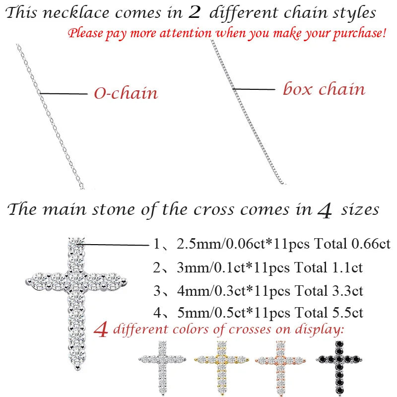 OEVAS 2.5MM 3MM 4MM 5MM Real Moissanite 45CM Sparkling Cross Necklaces For-losil