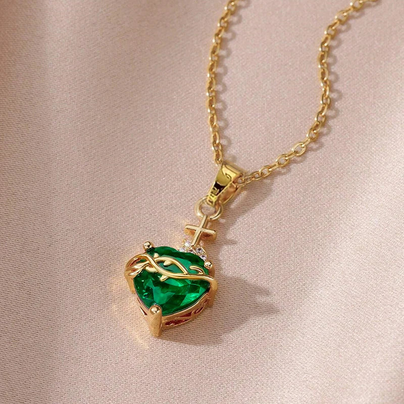 Huitan Orange Red/Green/Blue Heart Cubic Zirconia Pendant Necklace for Women Luxury Trendy-losil