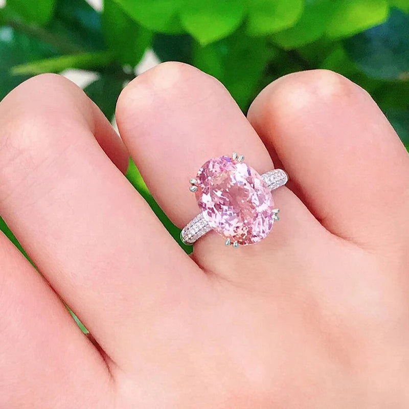 Huitan Big Oval Pink CZ Rings for Women Engagement Wedding Temperament Sweet-losil
