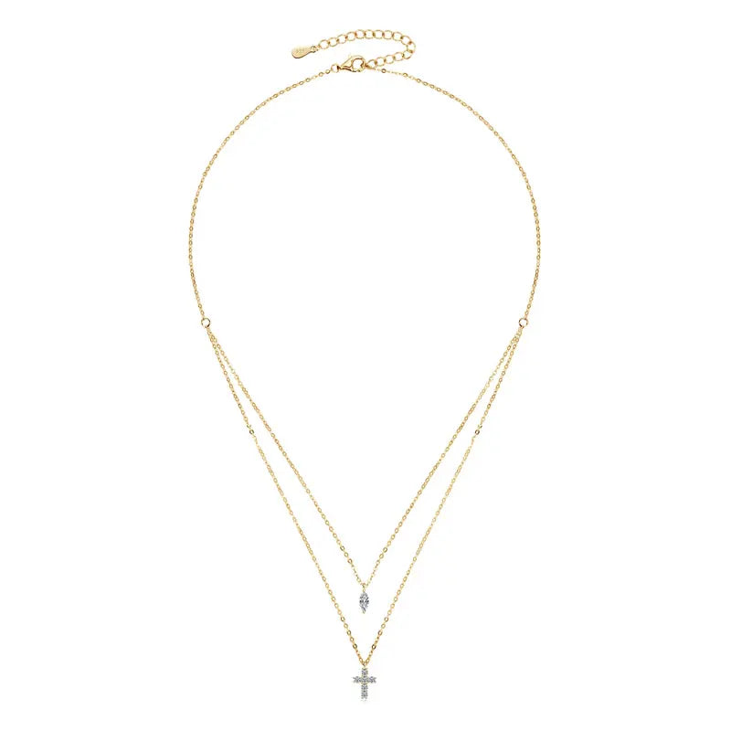 Anziw Moissanite Cross Pendant Double Layers Necklace for Women 925 Sterling Silver-losil