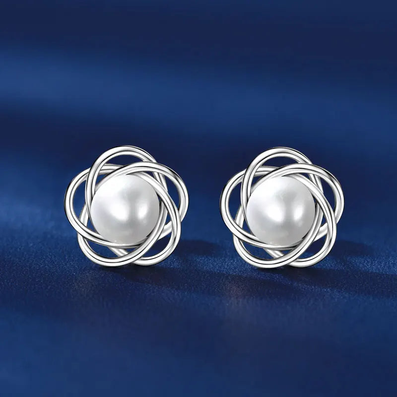 Anziw 100% 925 Sterling Silver 6.5-7mm Natural Freshwater Pearl Flower Stud Earrings-losil