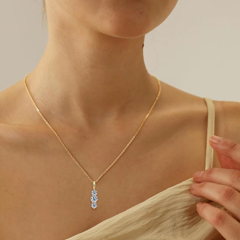 Anziw 1.1ctw. D Moissanite Pendant Necklace for Women 925 Silver Three-Stone Vertical-losil