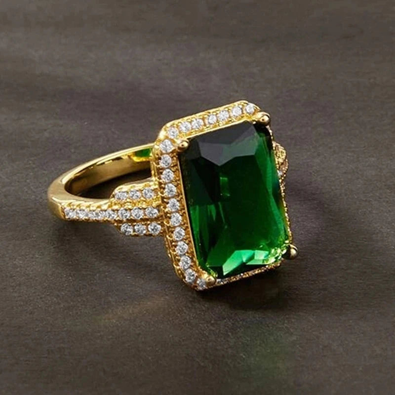 Huitan Green Cubic Zirconia Gold Color Rings for Women Wedding Anniversary Party-losil