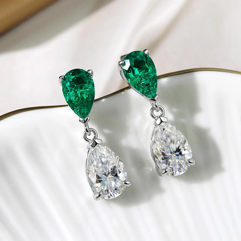OEVAS Waterdrop Lab Grown Columbia Emerald/Ruby with Moissanite Diamond Earrings for Women-losil
