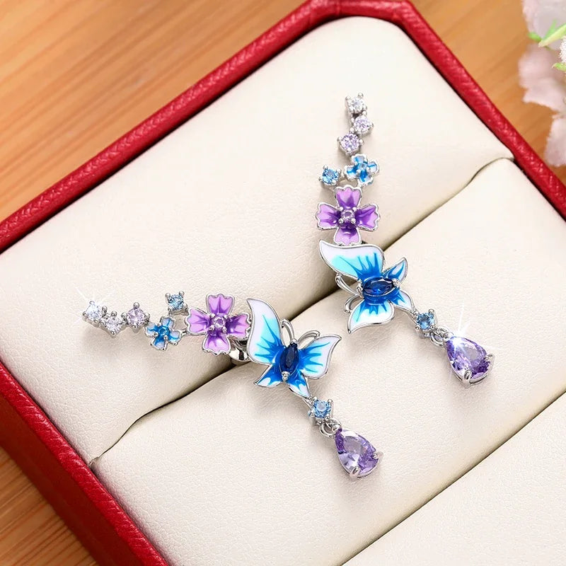 Huitan Gorgeous Butterfly Flower Drop Earrings for Women Aesthetic Trendy Colorful Accessories-losil