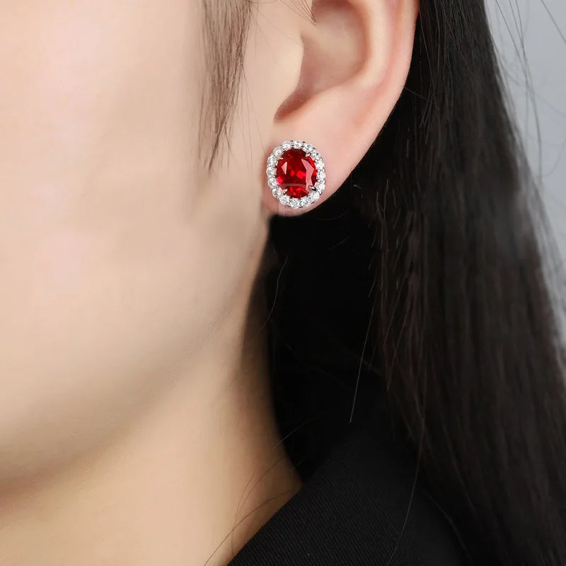 OEVAS Classic Oval 6*8mm Red/Blue Zircon Stud Earrings For Women 100% 925-losil