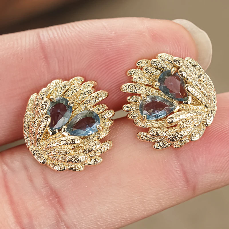 Huitan Dainty Stud Earrings with Blue Cubic Zirconia Unique Irregular Design Piercing-losil