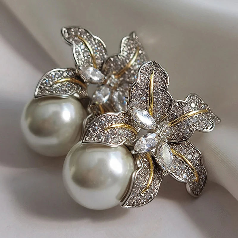 Huitan Hot Two Tone Flower Simulated Pearl Earrings for Women Aesthetic Lady's-losil