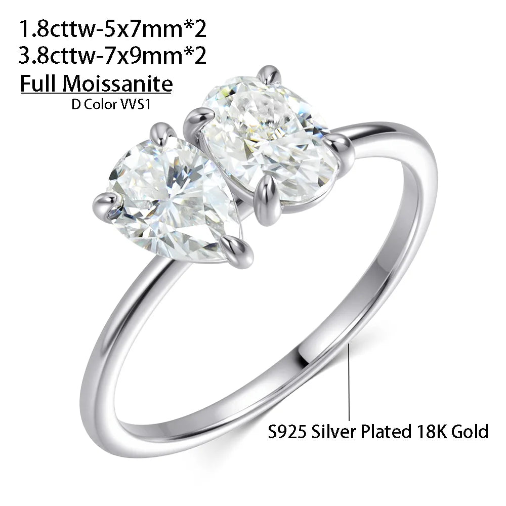 OEVAS 2 Stones Pear/Oval Cut 2ct Moissanite Rings S925 Silver Toi et-losil