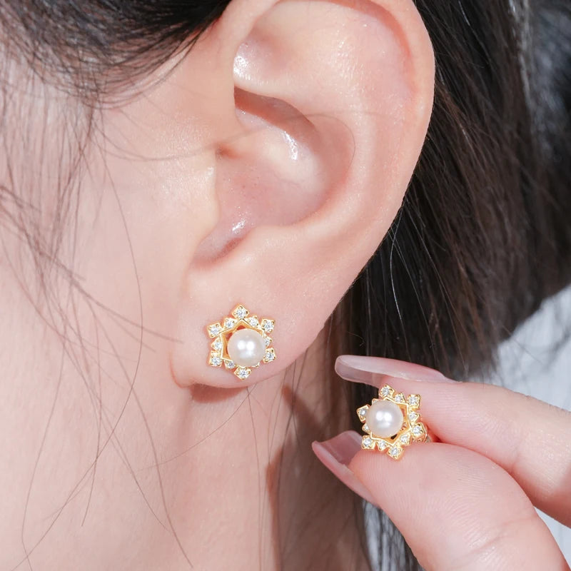 Anziw Natural Freshwater Pearl Stud Earrings for Women Real 925 Silver Elegant-losil