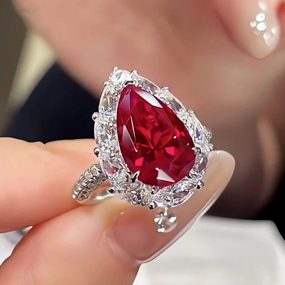 OEVAS 100% S925 Silver 4CT 8*12mm Pear Cut Full Zircon Ring For-losil