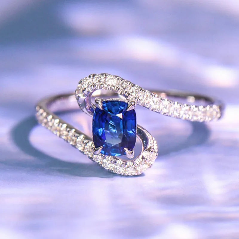 Huitan Elegant Oval Blue Cubic Zirconia Rings for Women Full Paved Dazzling-losil