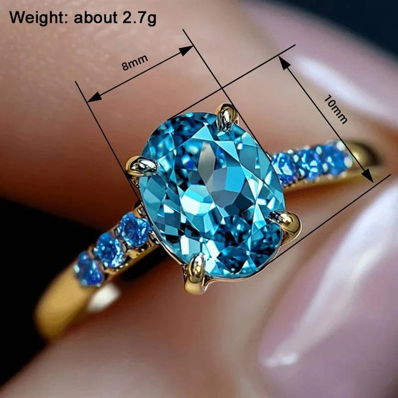 Huitan Bright Oval Sky Blue Cubic Zirconia Rings for Women Gold Color-losil