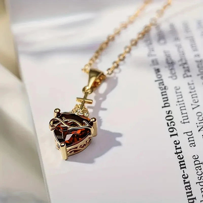 Huitan Orange Red/Green/Blue Heart Cubic Zirconia Pendant Necklace for Women Luxury Trendy-losil