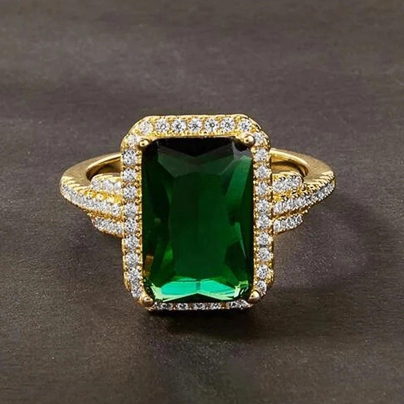 Huitan Green Cubic Zirconia Gold Color Rings for Women Wedding Anniversary Party-losil
