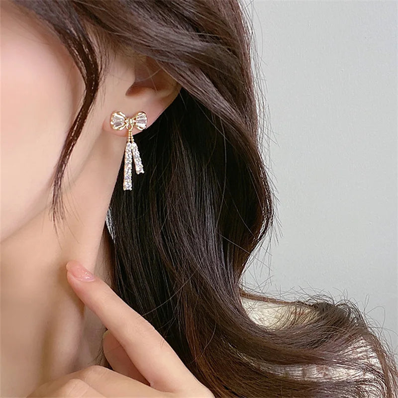 Anziw Korean D Color Moissanite Drop Earrings Original Silver 925 Bow Tassel-losil