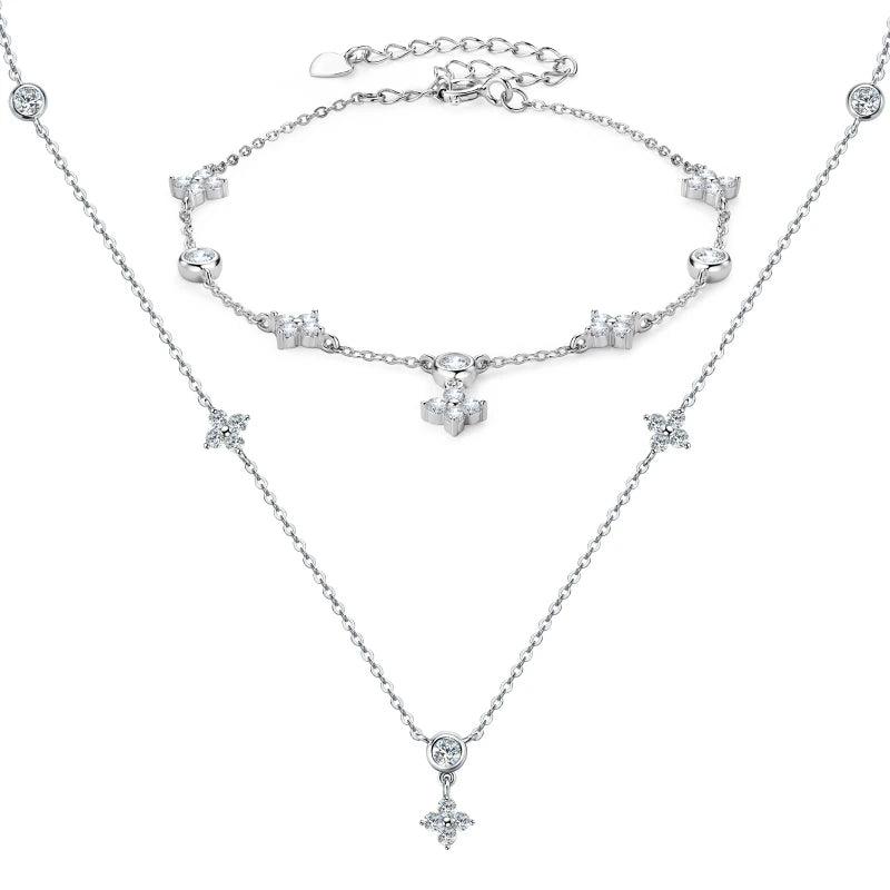 925 Silver Clover Flower Jewelry Sets for Women Moissanite Pendant Necklace Earrings-losil