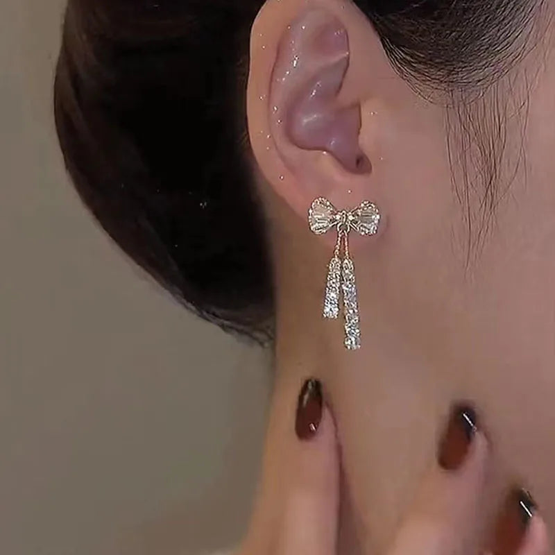 Anziw Korean D Color Moissanite Drop Earrings Original Silver 925 Bow Tassel-losil