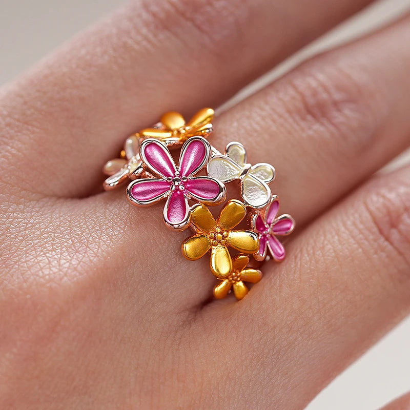 Huitan Colorful Flower Butterfly Enamel Finger Ring for Women Rose Gold Color-losil