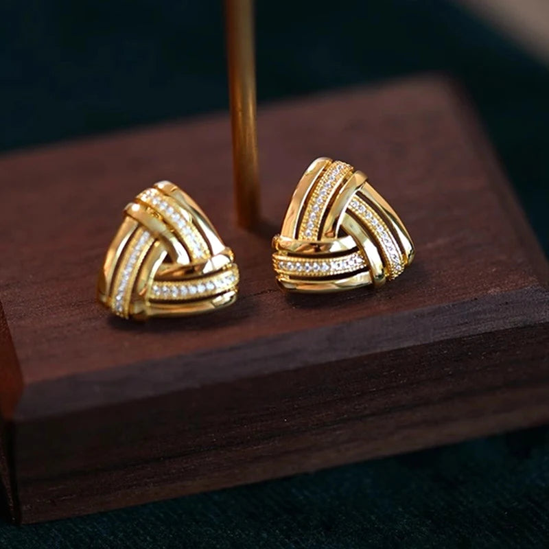 Huitan Triangular Stud Earrings with Sparkling CZ Gold Color Geometric Knot Ear-losil