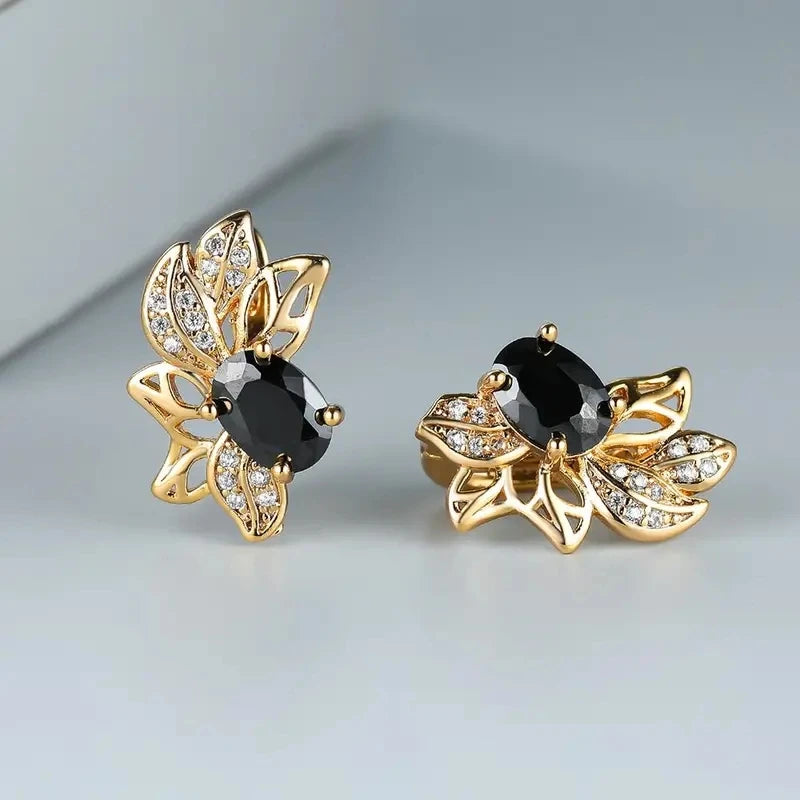 Huitan Oval Black Stone Flower Shaped Hoop Earrings for Women Luxury Wedding-losil