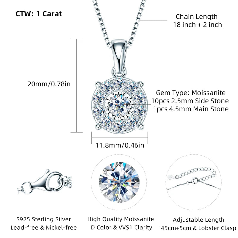 Anziw 1CT Full Moissanite Pendant Necklace for Women 925 Silver Chain 6.5mm-losil