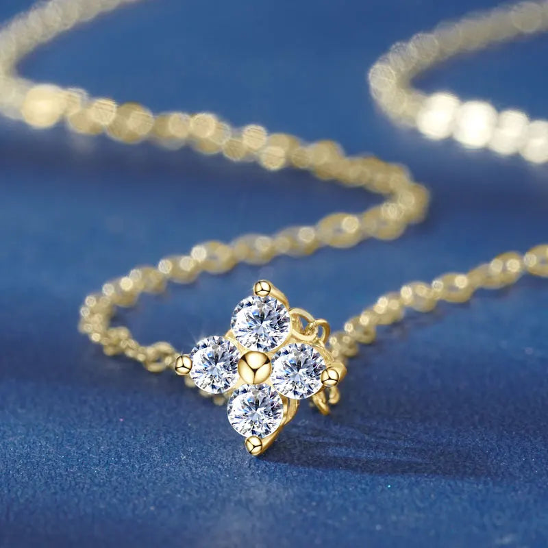 Anziw 100% Real 10K Gold Clover Flower 2.5mm D Moissanite Pendant Necklace-losil