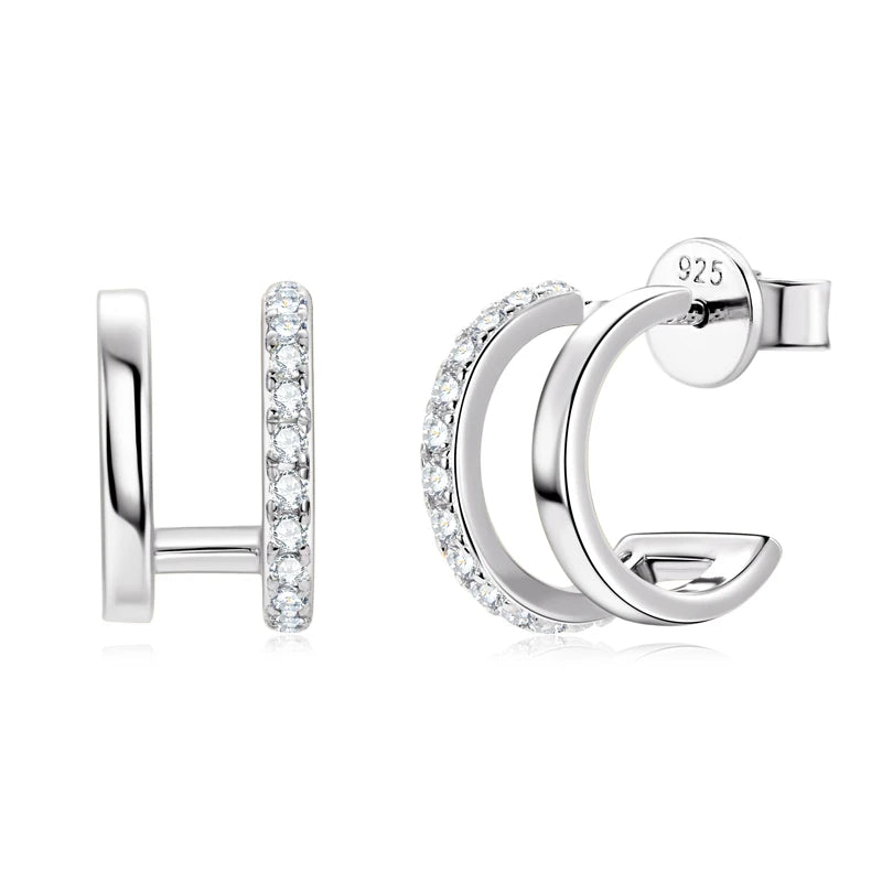 Anziw NEW 4mm Moissanite Piercing Stud Ear Cuffs 925 Sterling Silver Double-losil