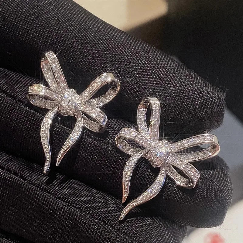 Huitan Big Bow Stud Earrings Modern Fashion Sparkling Earrings for Women Crystal-losil