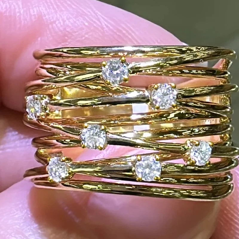 Huitan Women Rings Gold Color Wide Band Cubic Zirconia Multi-layers Rings for-losil