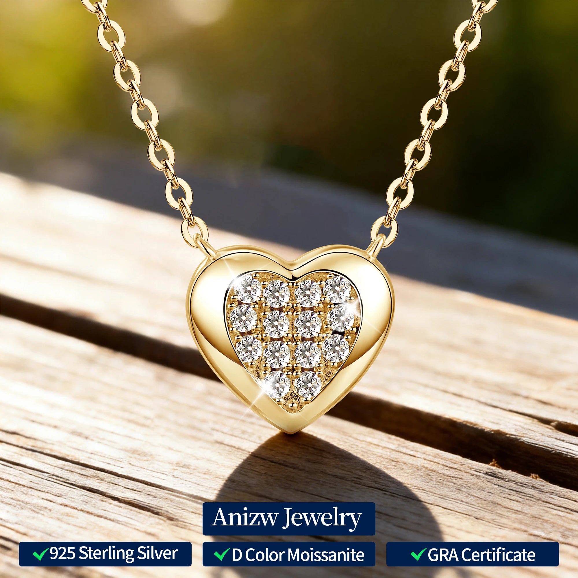 Anziw Love Heart Full Moissanite Solitaire Pendant Necklace for Women 925 Silver-losil